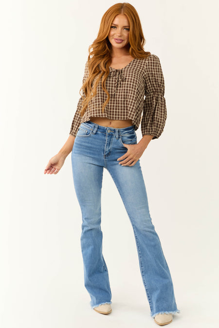 Walnut Plaid 3/4 Cinch Sleeve Top