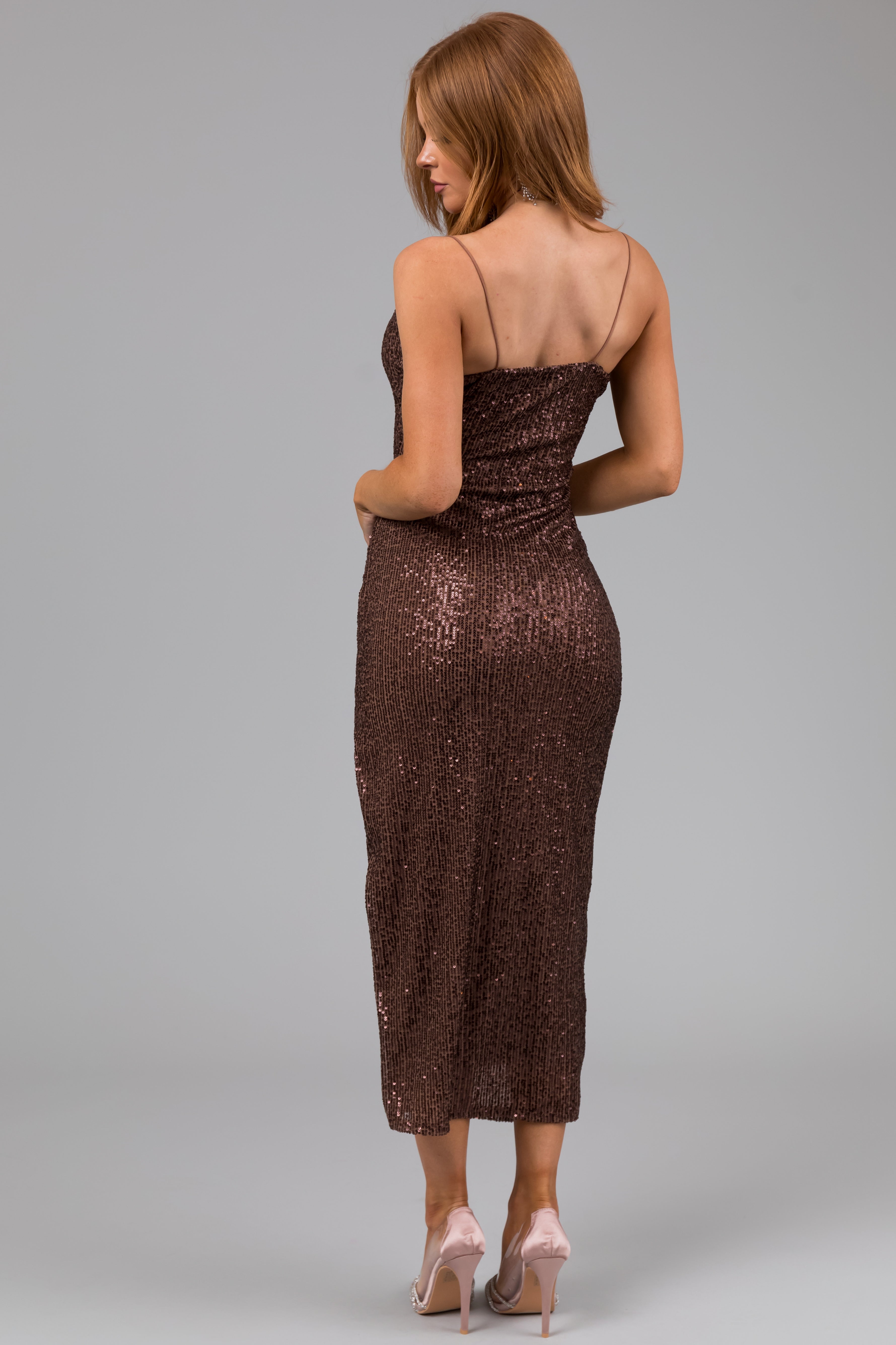 Walnut Sequin Sleeveless Maxi Dress with Side Slit