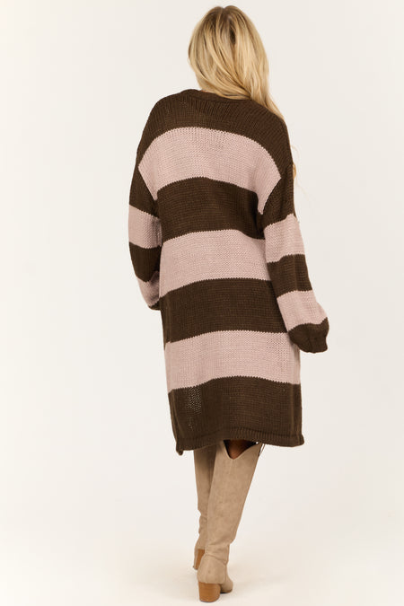 Walnut and Dusty Blush Striped Knit Duster Cardigan