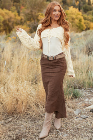 Walnut Corduroy Zip Up Flared Midi Skirt