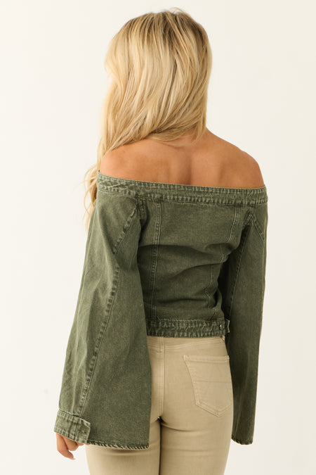 Washed Army Green Off the Shoulder Denim Jacket