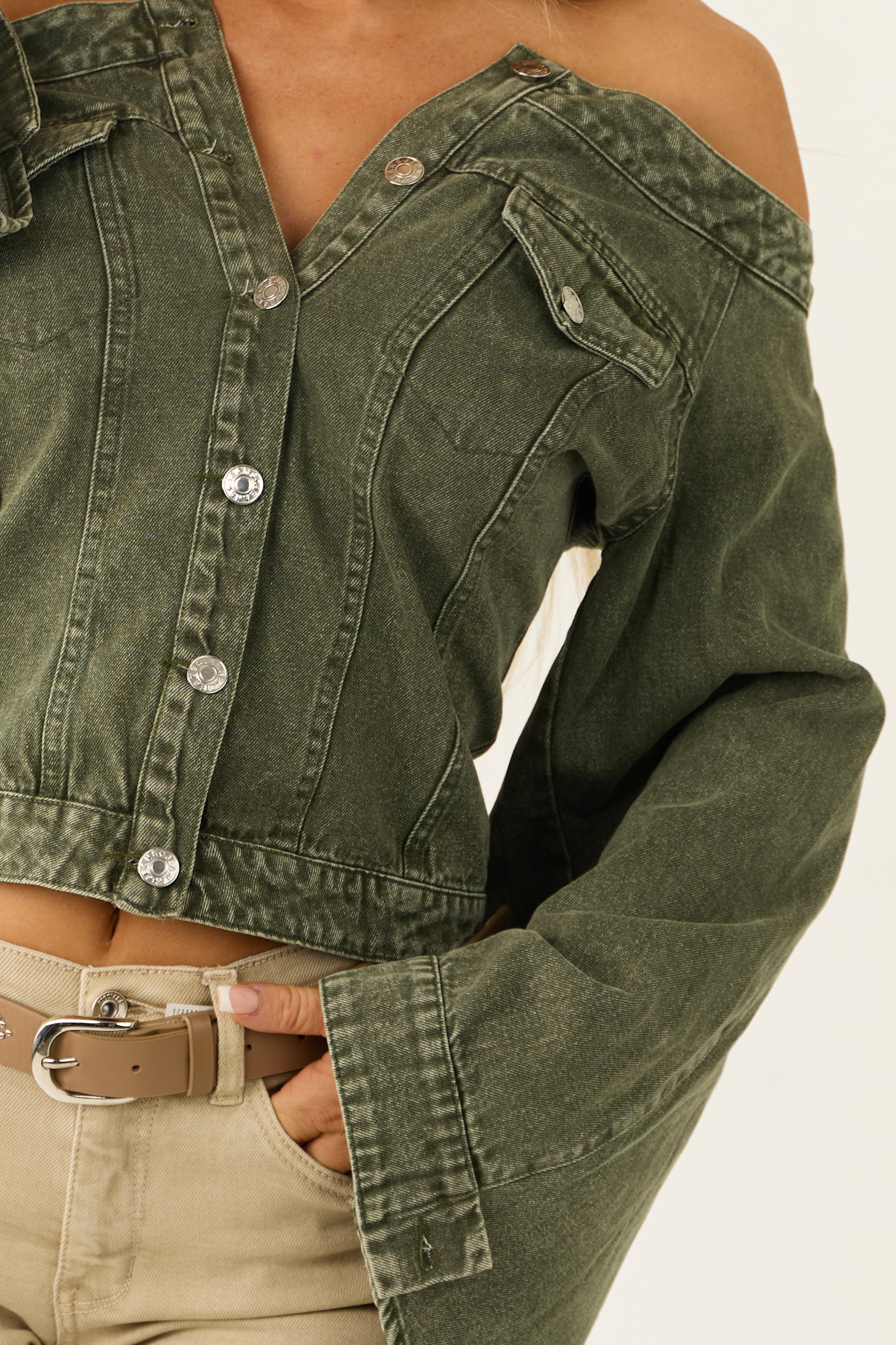 Washed Army Green Off the Shoulder Denim Jacket