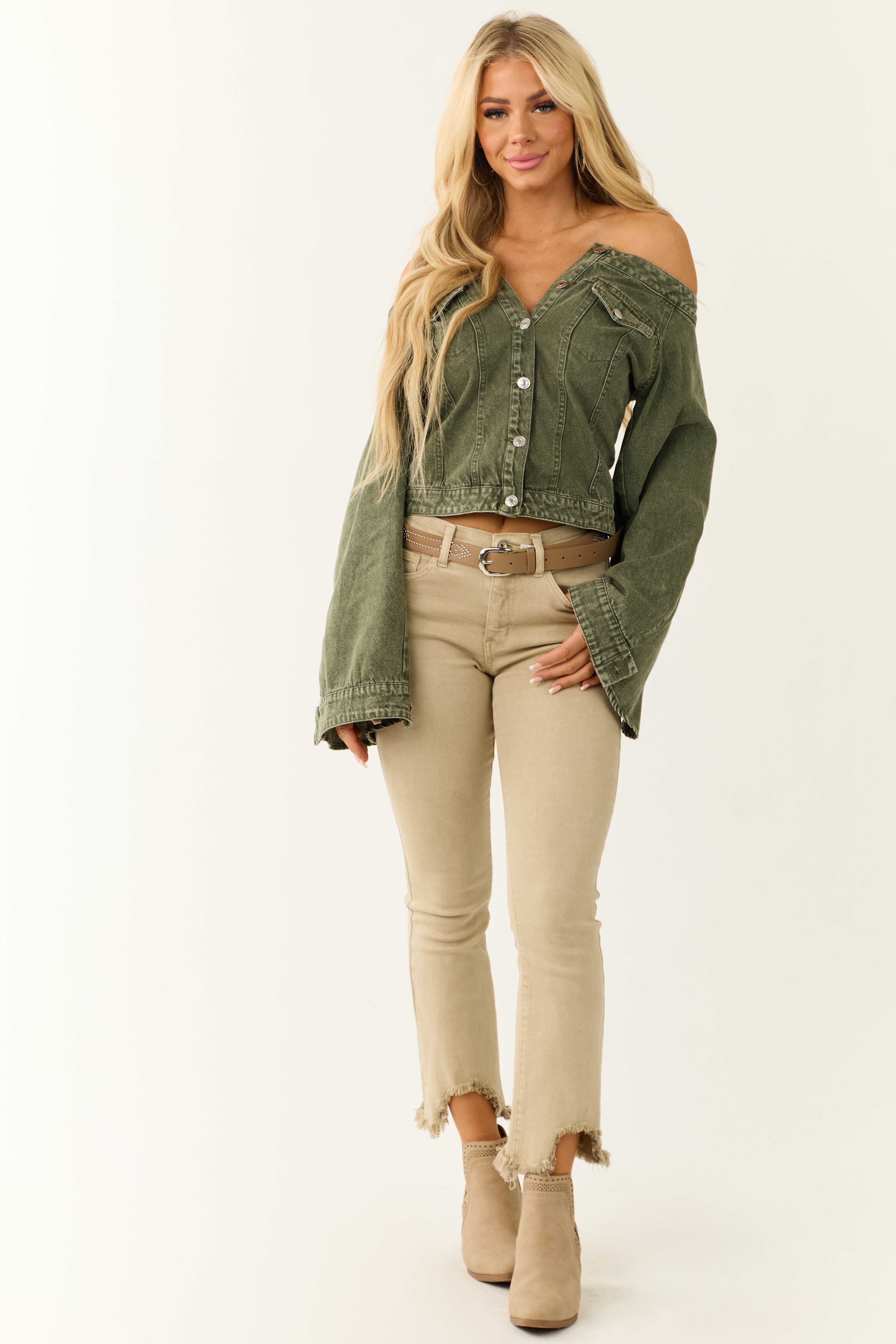 Washed Army Green Off the Shoulder Denim Jacket