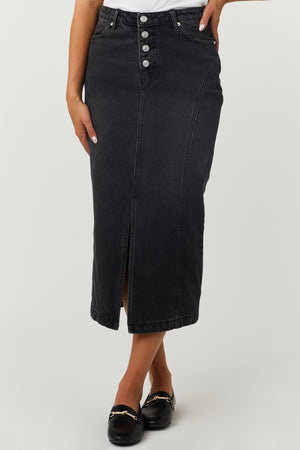 Washed Black Button Fly Denim Midi Skirt