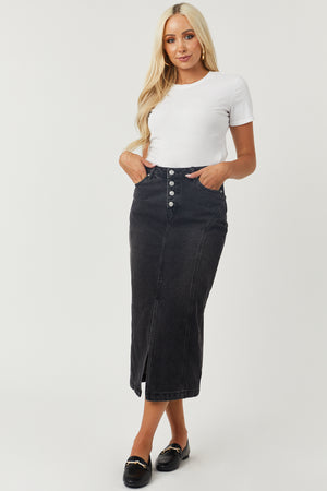 Washed Black Button Fly Denim Midi Skirt