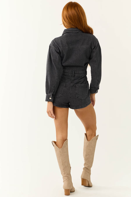 Washed Black Denim Long Sleeve Button Up Romper