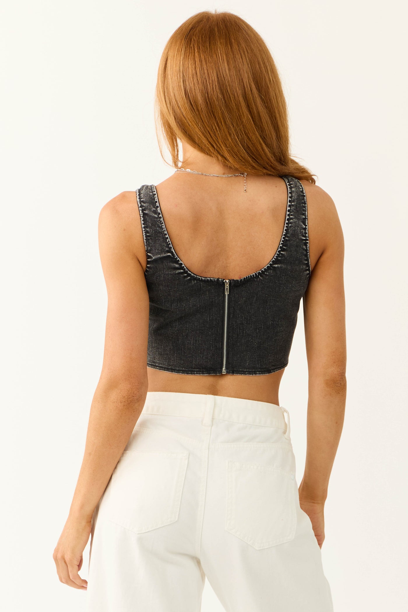 Washed Black Denim Sleeveless Corset Top