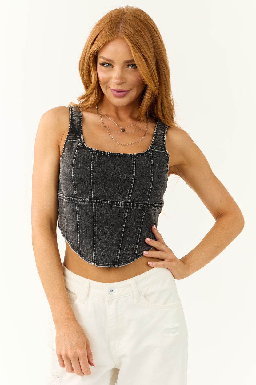 Washed Black Denim Sleeveless Corset Top