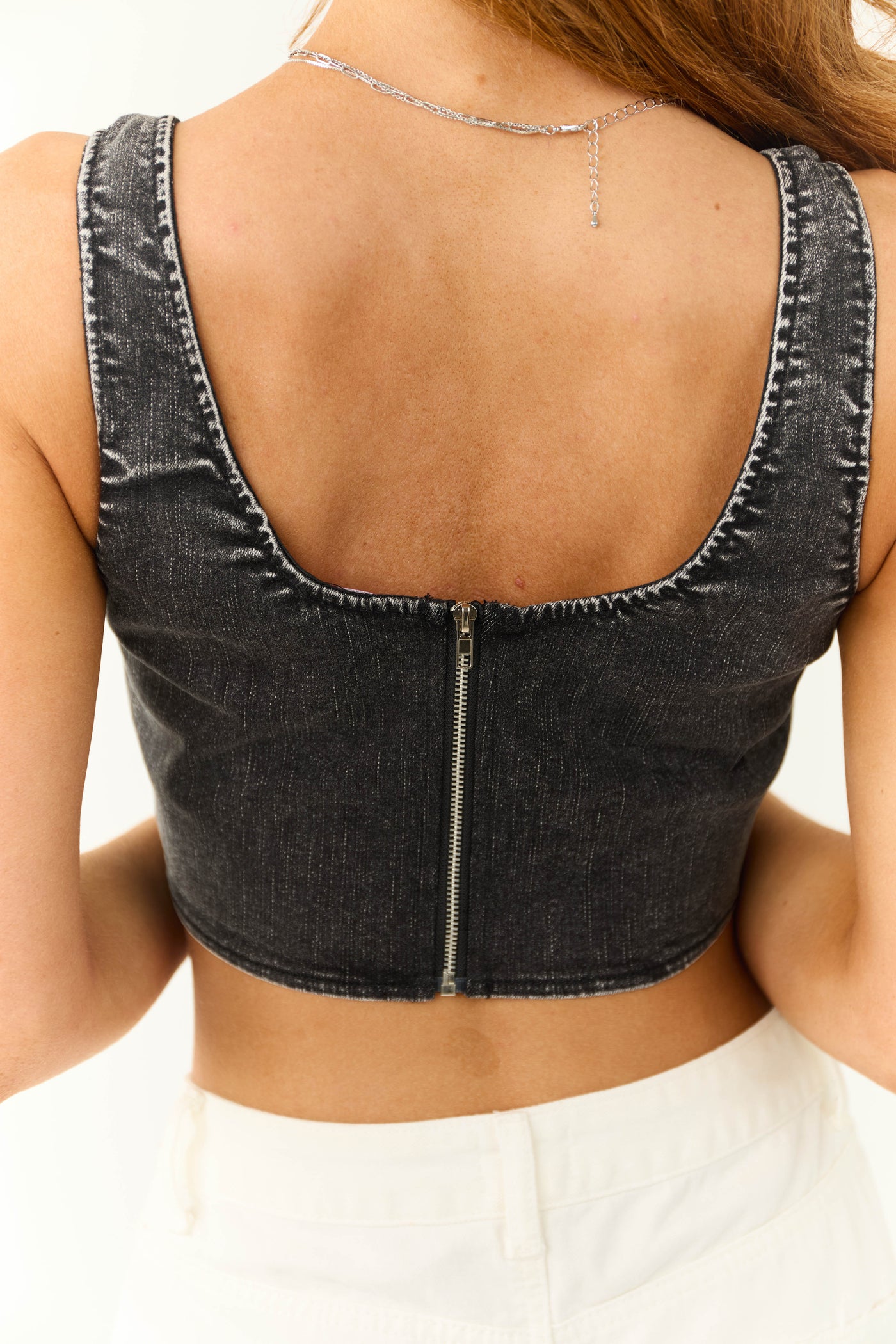 Washed Black Denim Sleeveless Corset Top