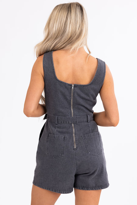 Washed Black Denim Square Neck Romper