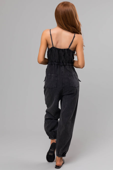 Washed Black Drawstring Sleeveless Jumpsuit