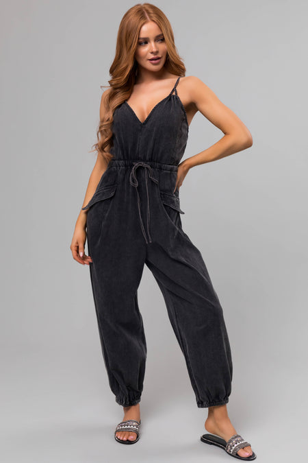 Washed Black Drawstring Sleeveless Jumpsuit