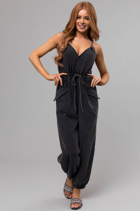 Washed Black Drawstring Sleeveless Jumpsuit