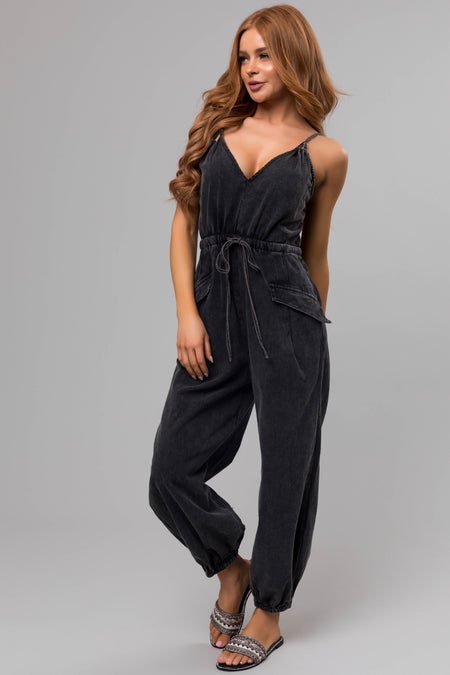 Washed Black Drawstring Sleeveless Jumpsuit