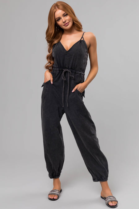 Washed Black Drawstring Sleeveless Jumpsuit