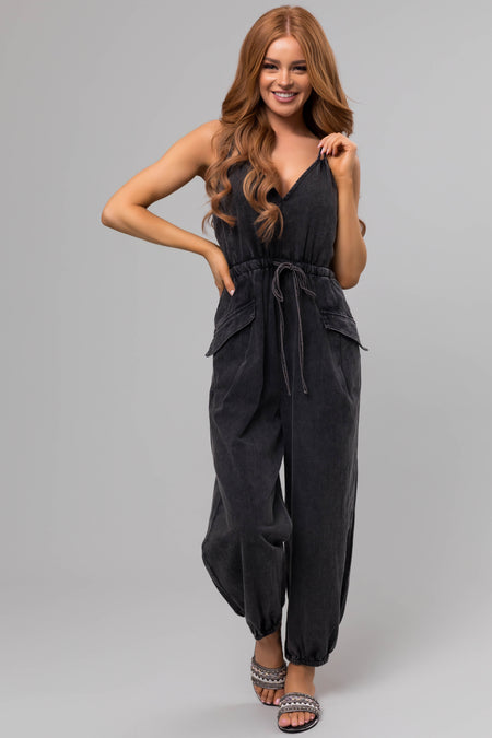 Washed Black Drawstring Sleeveless Jumpsuit