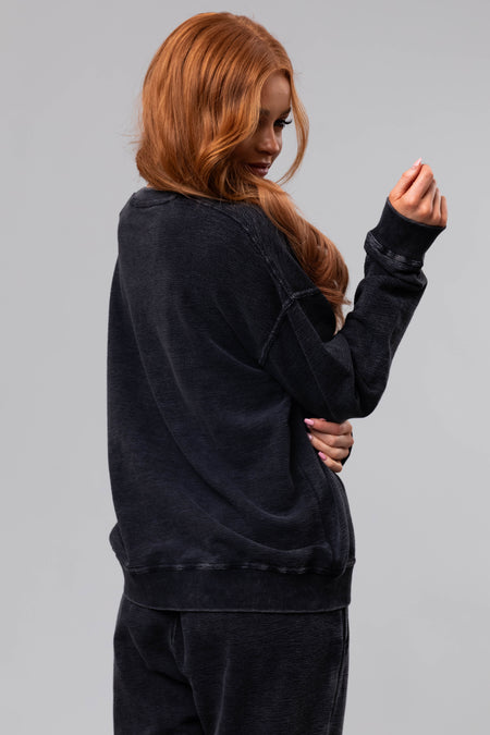 Washed Black Textured Cotton Crew Neck Sweatshirt