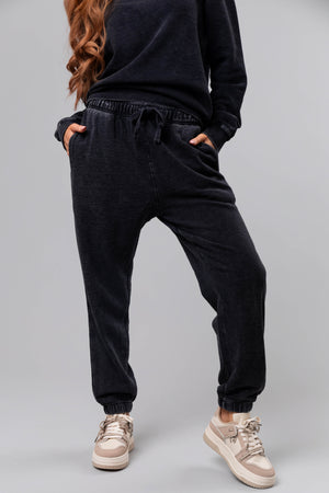 Washed Black Textured Knit Drawstring Joggers