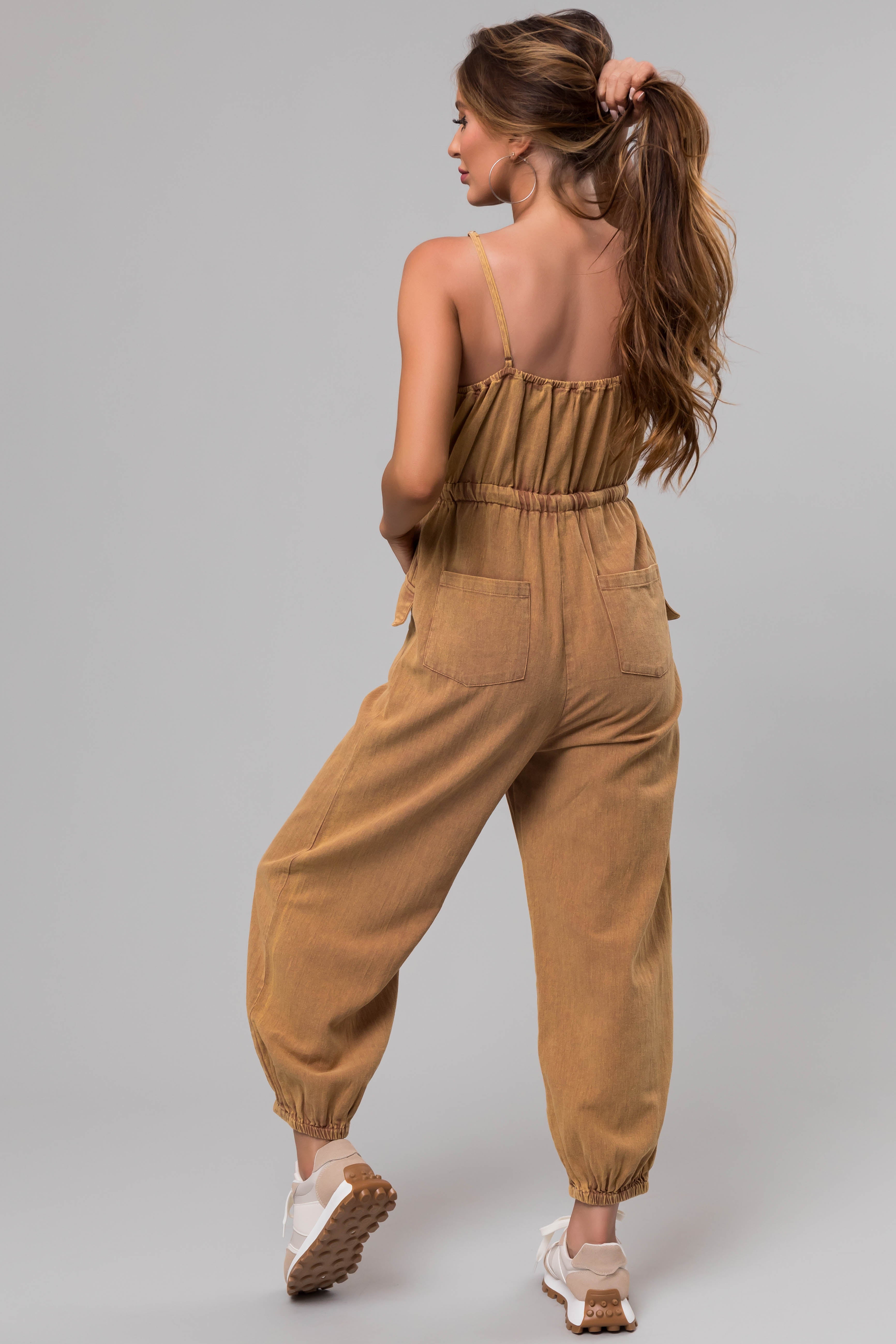 Washed Copper Drawstring Sleeveless Jumpsuit