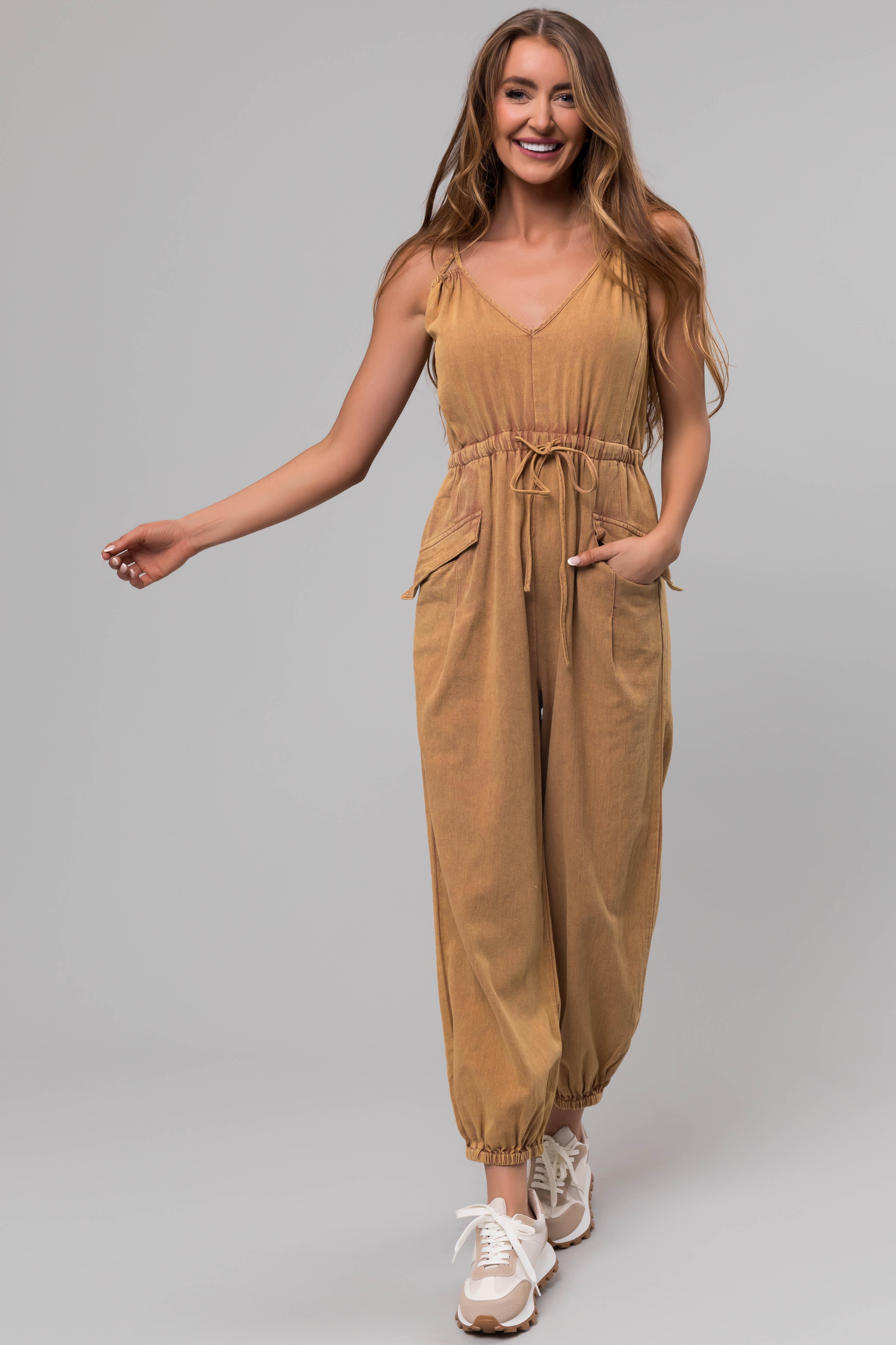 Washed Copper Drawstring Sleeveless Jumpsuit