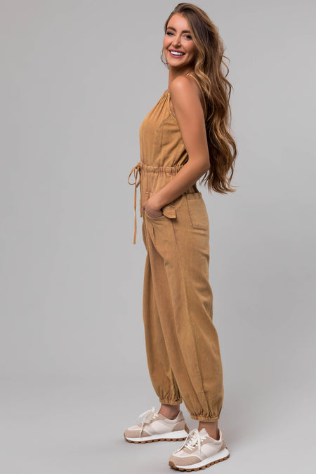 Washed Copper Drawstring Sleeveless Jumpsuit