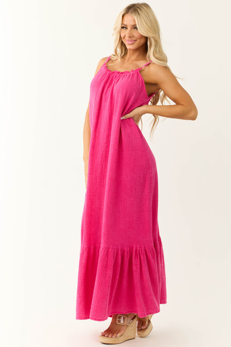 Washed Hot Pink Sleeveless Gauze Maxi Dress