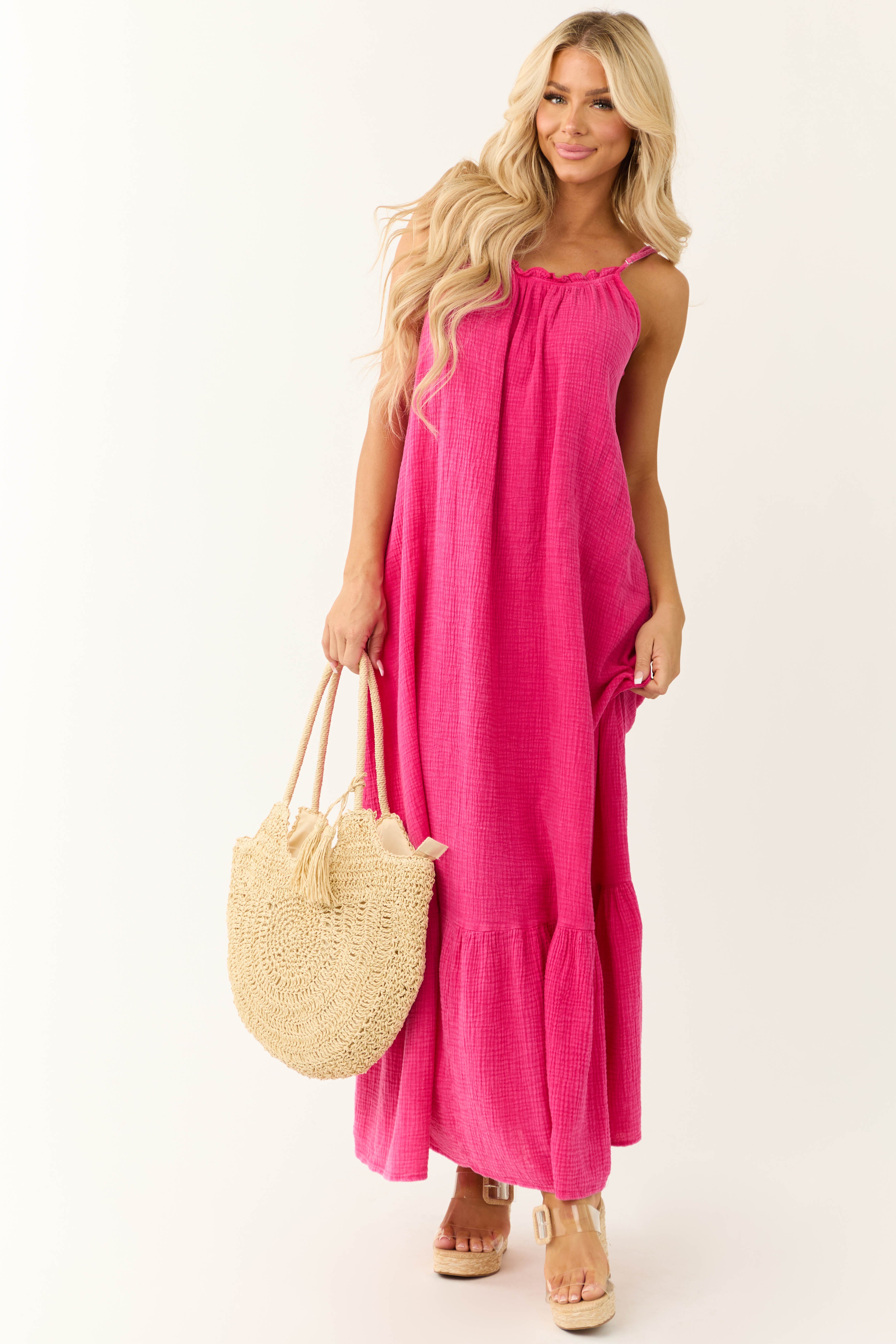 Washed Hot Pink Sleeveless Gauze Maxi Dress | Lime Lush Boutique