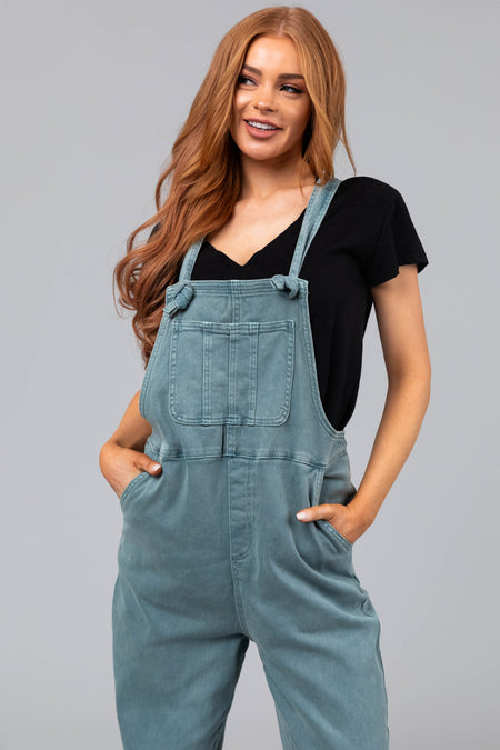 Washed Juniper Knot Strap Denim Overalls