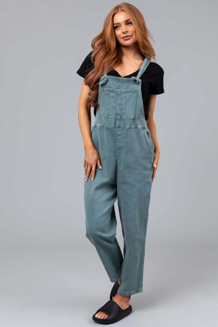 Washed Juniper Knot Strap Denim Overalls