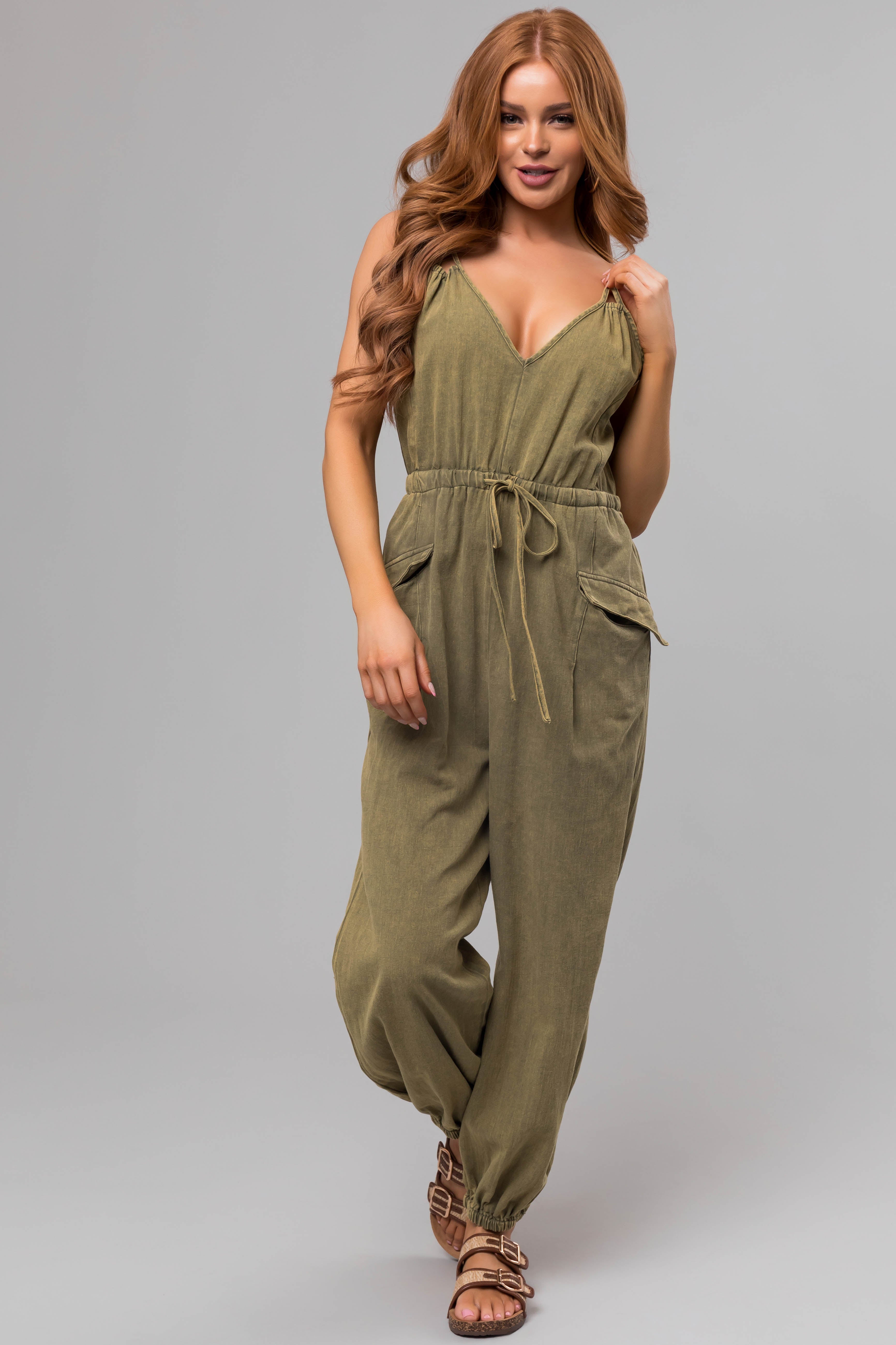 Washed Olive Drawstring Sleeveless Jumpsuit