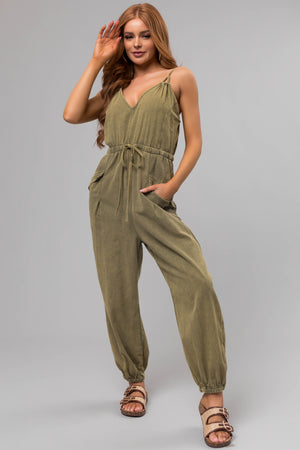 Washed Olive Drawstring Sleeveless Jumpsuit