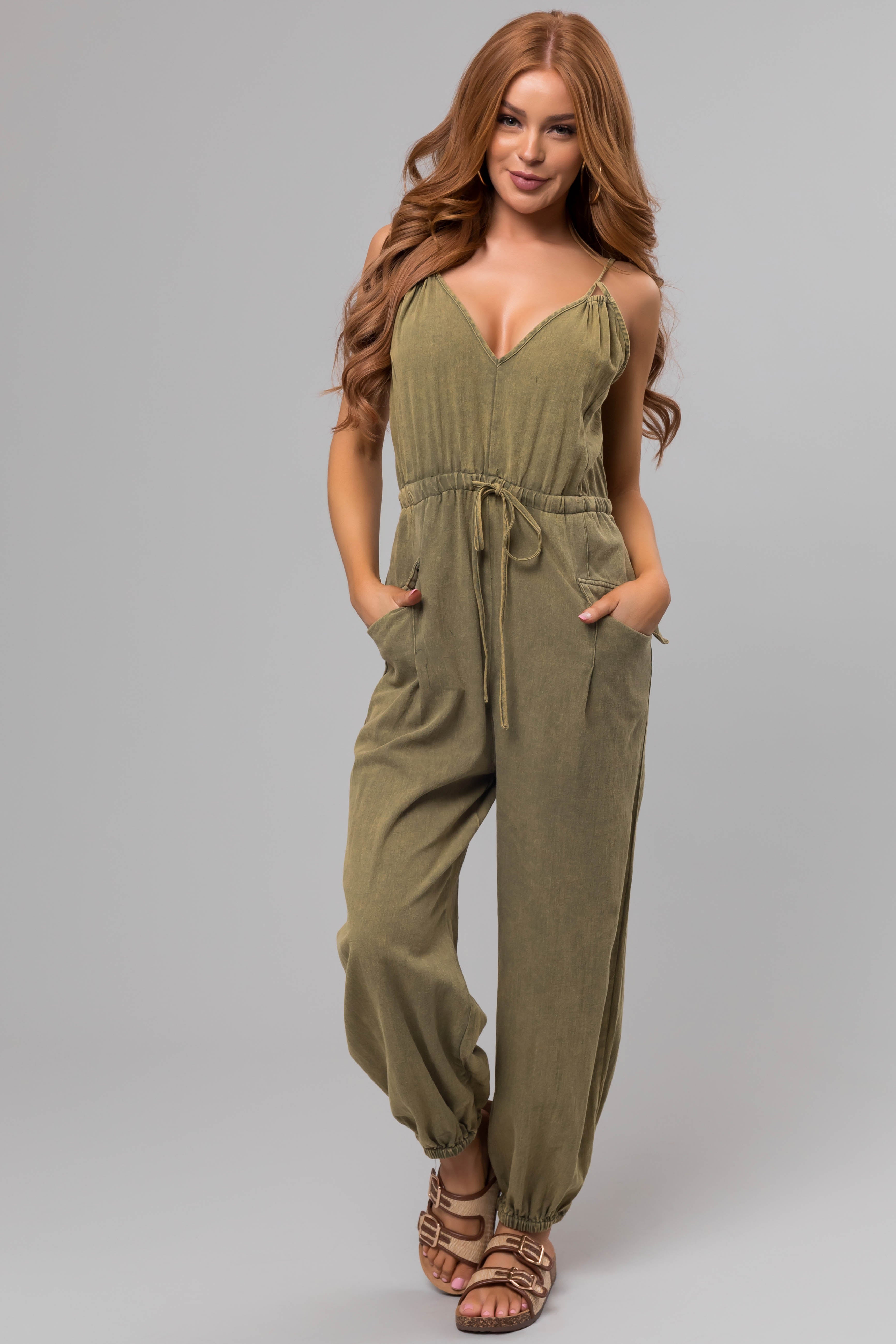 Washed Olive Drawstring Sleeveless Jumpsuit