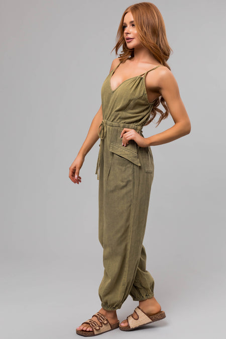 Washed Olive Drawstring Sleeveless Jumpsuit