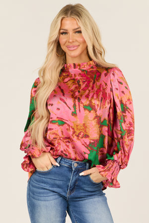 Watermelon Abstract Print Long Puff Sleeve Blouse