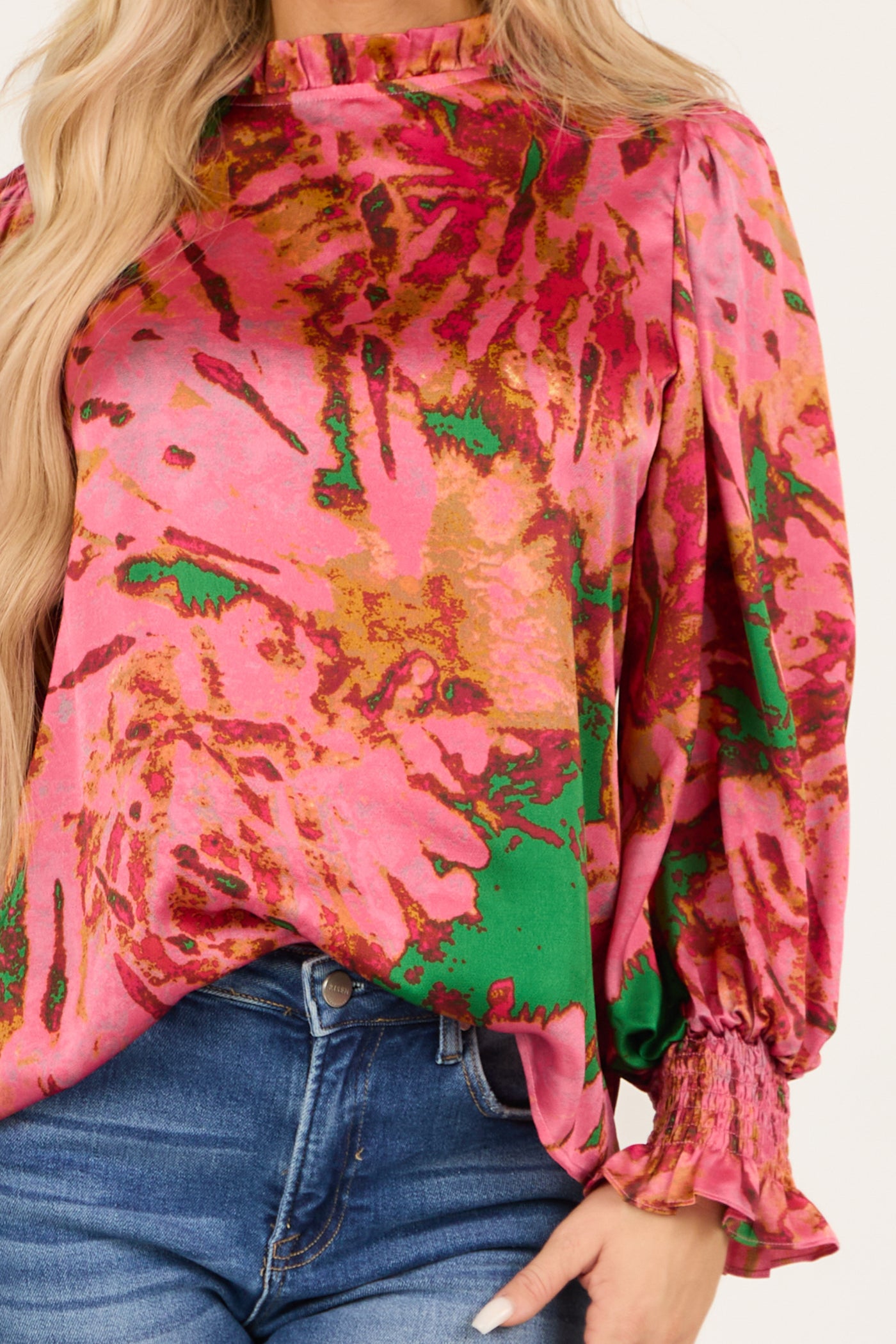 Watermelon Abstract Print Long Puff Sleeve Blouse