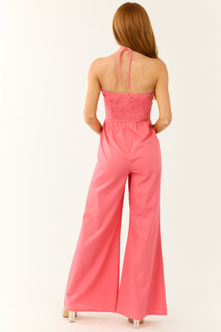 Watermelon Bow Halter Neck Wide Leg Jumpsuit