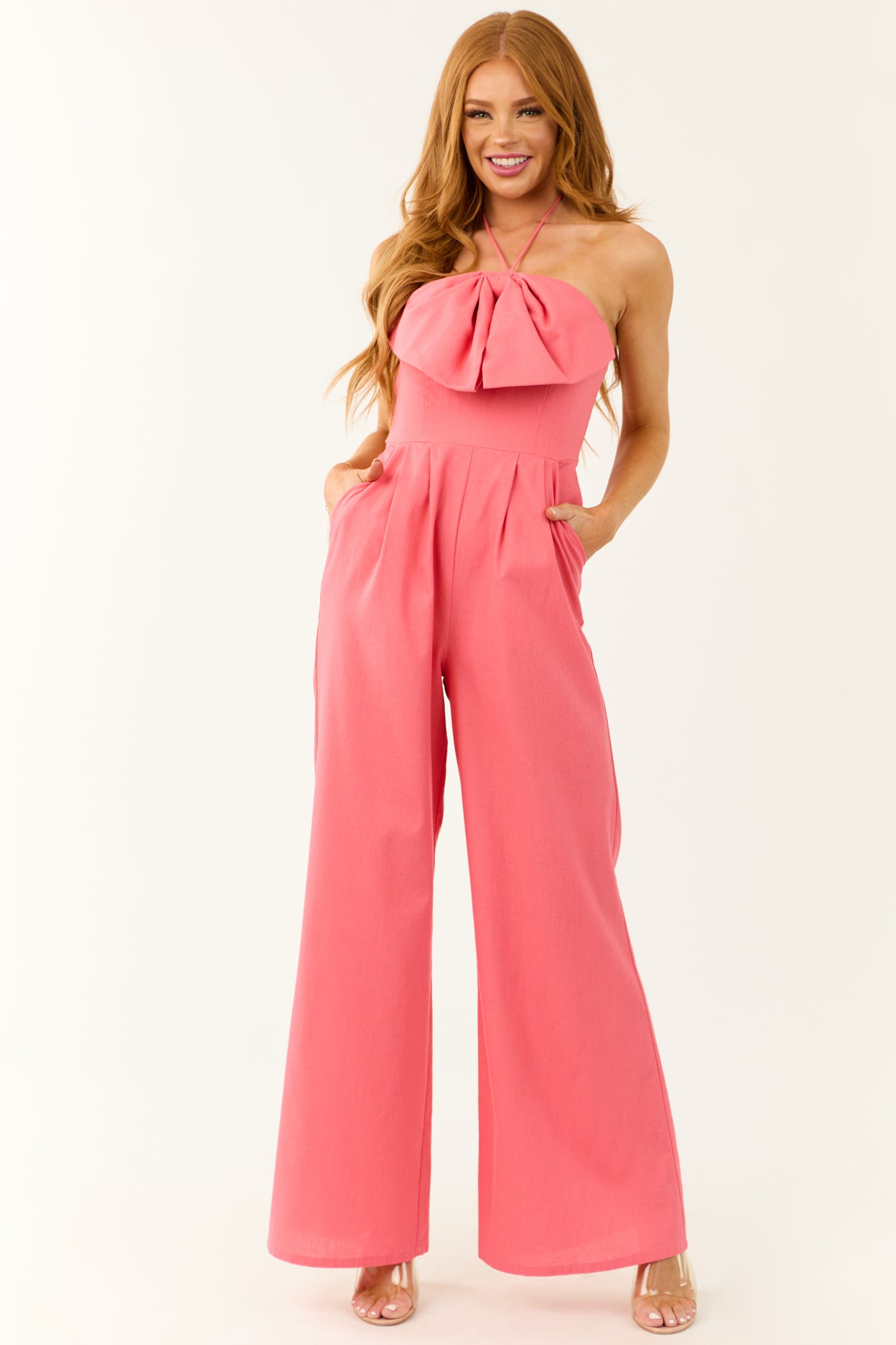 Watermelon Bow Halter Neck Wide Leg Jumpsuit