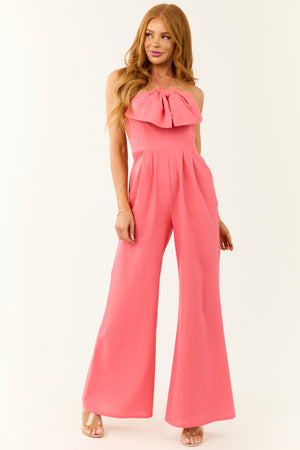 Watermelon Bow Halter Neck Wide Leg Jumpsuit