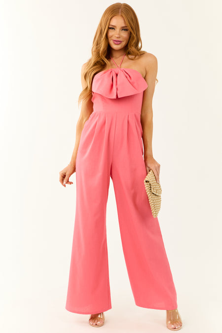 Watermelon Bow Halter Neck Wide Leg Jumpsuit