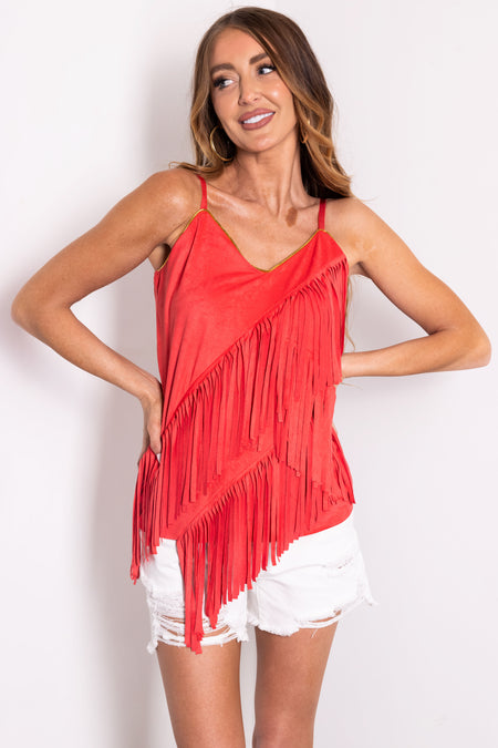 Watermelon Faux Suede Fringe Sleeveless Top