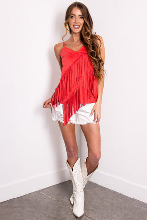 Watermelon Faux Suede Fringe Sleeveless Top