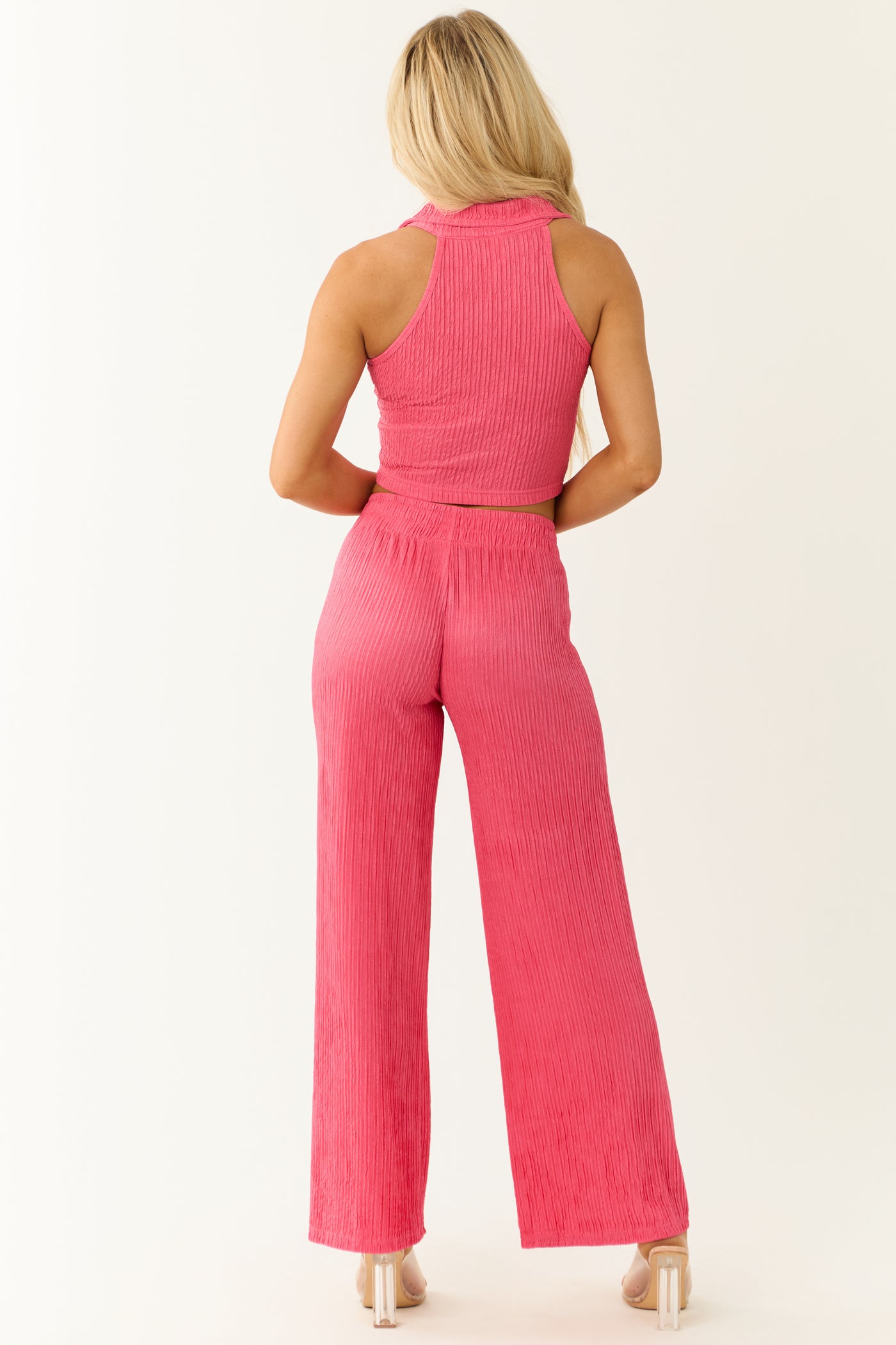 Watermelon Plisse Collared Top and Pants Set