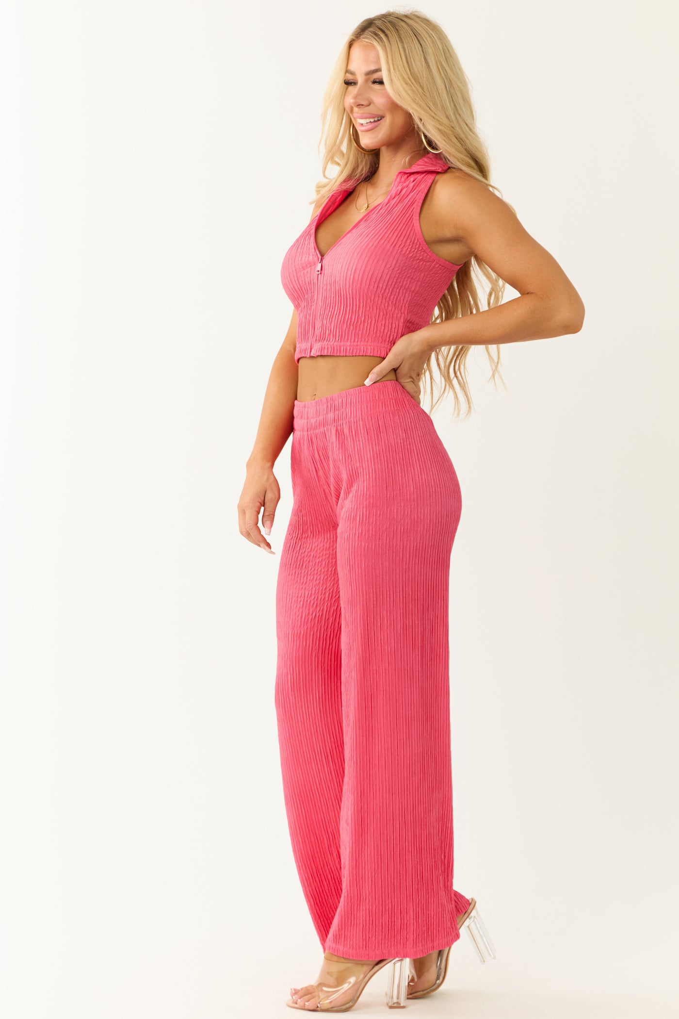 Watermelon Plisse Collared Top and Pants Set