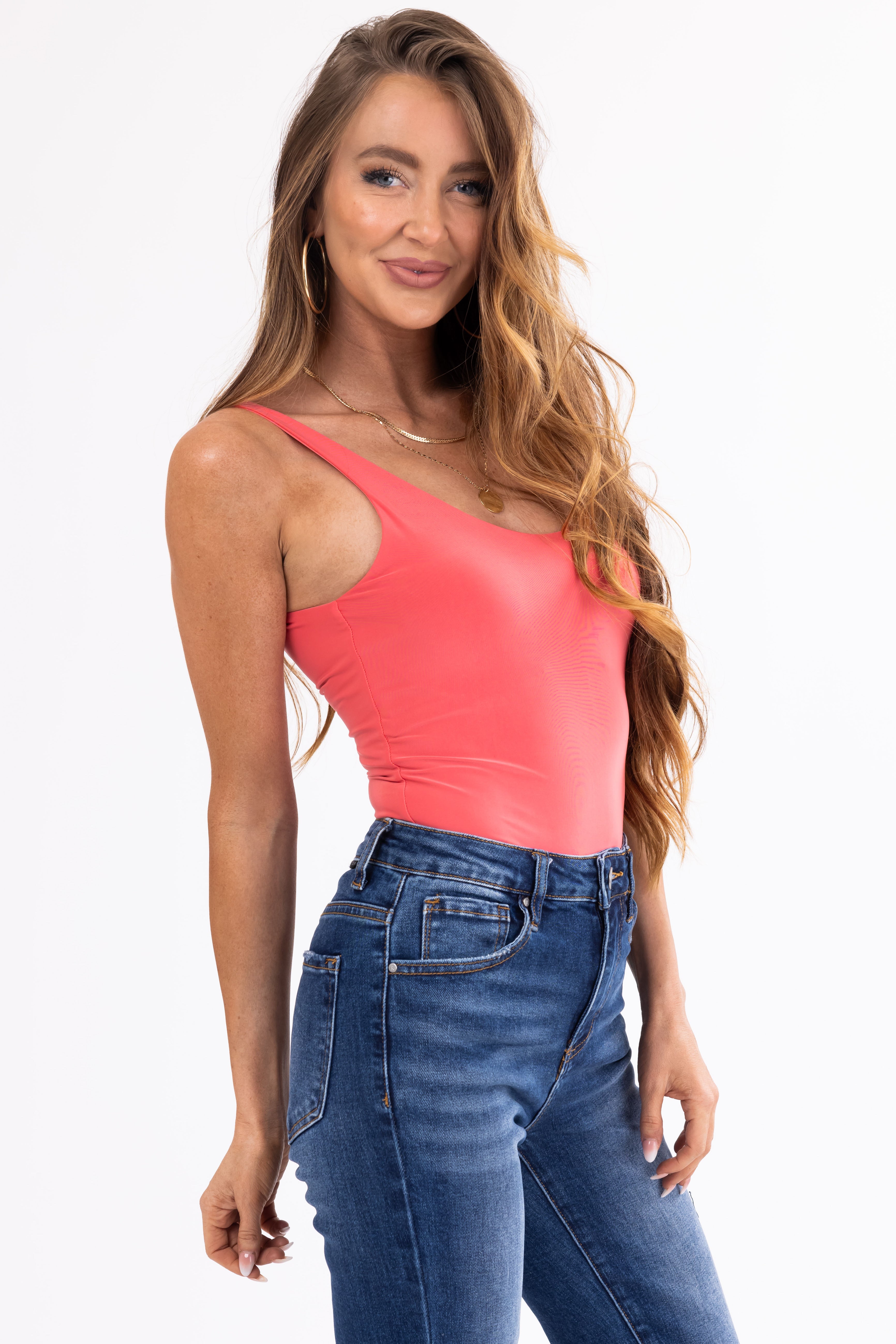 Watermelon Scoop Neck Sleeveless Silky Knit Bodysuit