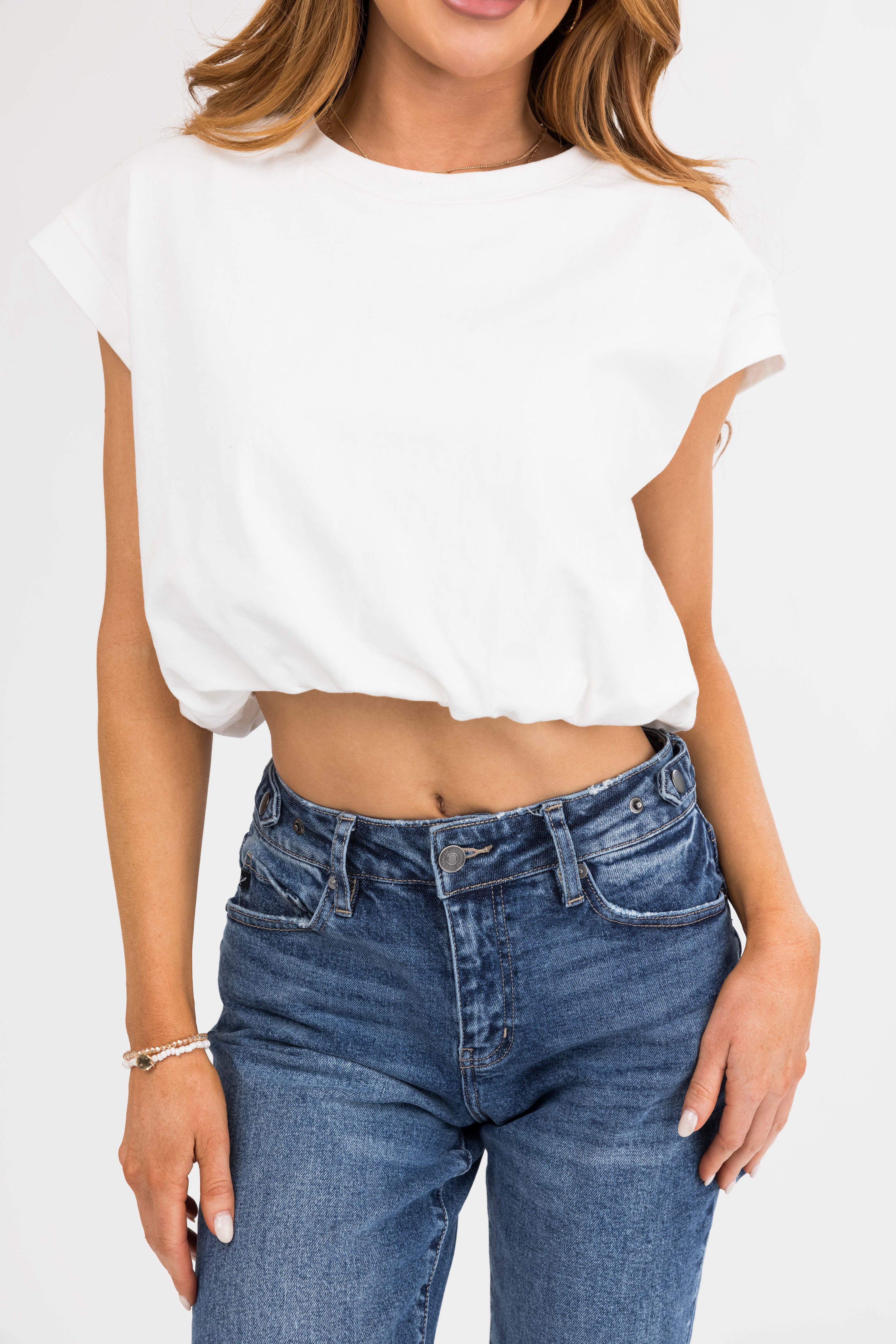 White Bubble Hem Short Sleeve Crop Top