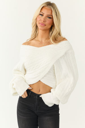 White Cable Knit Cropped Wrap Sweater