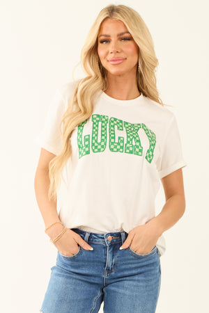 White Checkered 'Lucky' Graphic Short Sleeve Top