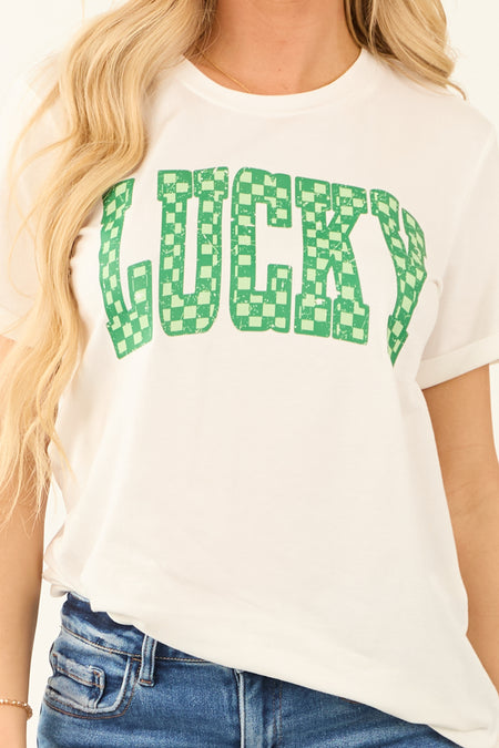 White Checkered 'Lucky' Graphic Short Sleeve Top