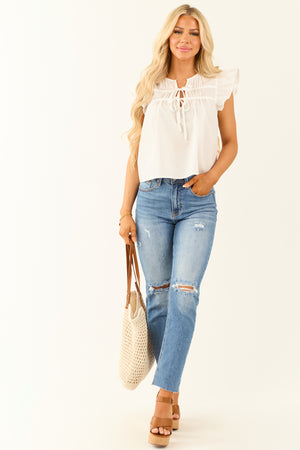 White Cinched Yoke Notch Neck Ruffle Cap Sleeve Top