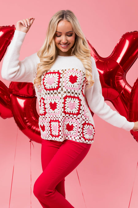 White Colorblock Open Crochet Heart Sweater